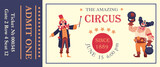 Circus ticket. Clowns performance. Carnival event invitation. Jester and athlete showing tricks. Entertainment party access. Amusement park cirque admit label. Vector retro design template