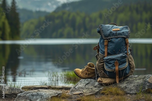Backpack and boots next to a lake