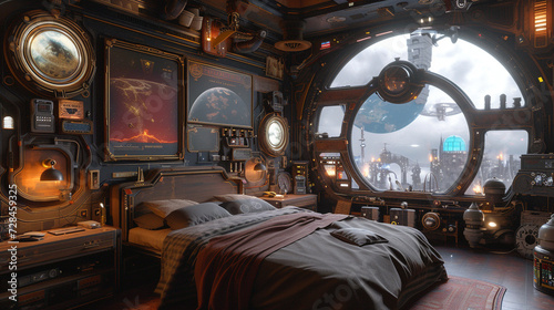 Enter a time-traveling bedroom with elements from various eras, where a Victorian bedframe, retro posters, and futuristic gadgets coexist in a harmonious blend of past and future.  © Dani Shah