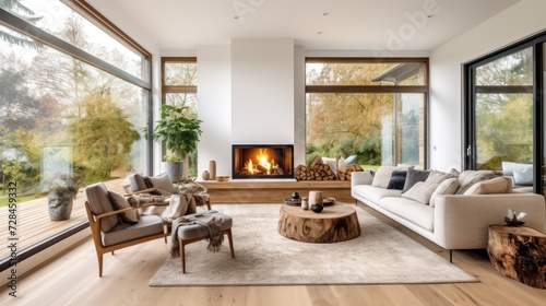 Beautiful living room interior with hardwood floors and fireplace in new luxury home. photo