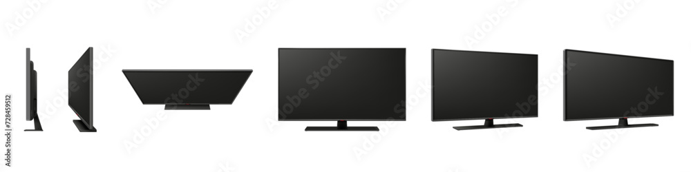 Smart TV. Television plasma screen. Realistic monitor view angles. 3D led 4K electronic or black LCD computer display. Wall frame. Isolated multimedia equipment. Vector mockups set Smart TV. Television plasma screen. Realistic monitor view angles. 3D led 4K electronic or black LCD computer display. Wall frame. Isolated multimedia equipment. Vector mockups set