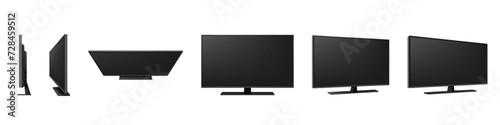Smart TV. Television plasma screen. Realistic monitor view angles. 3D led 4K electronic or black LCD computer display. Wall frame. Isolated multimedia equipment. Vector mockups set