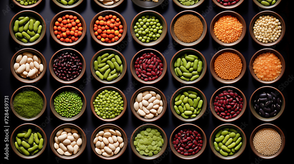 A table topped with bowls filled with a variety of beans in an assortment of colors and sizes.