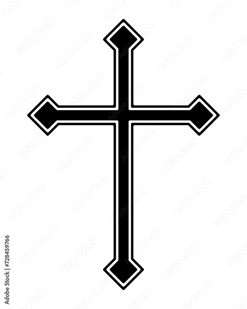 Cross vector shape symbol. Christianity sign. Christian religion icon. Catholic and protestant faith logo or image. Teutonic crusader label. Gothic crusade crucifix.