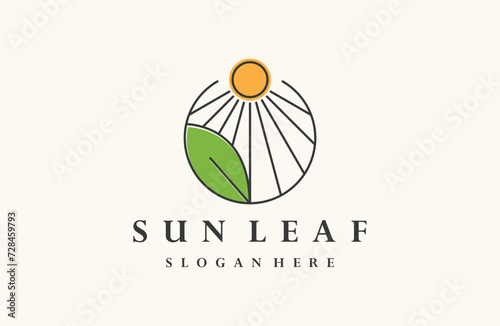 Sun leaf logo design template vector icon illustration