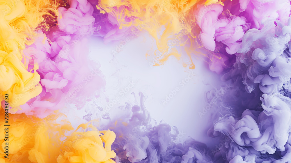 Abstract cloud of silky ink splash, like smoke. White frame, copy space. Pastel purple and yellow colors. Generative AI