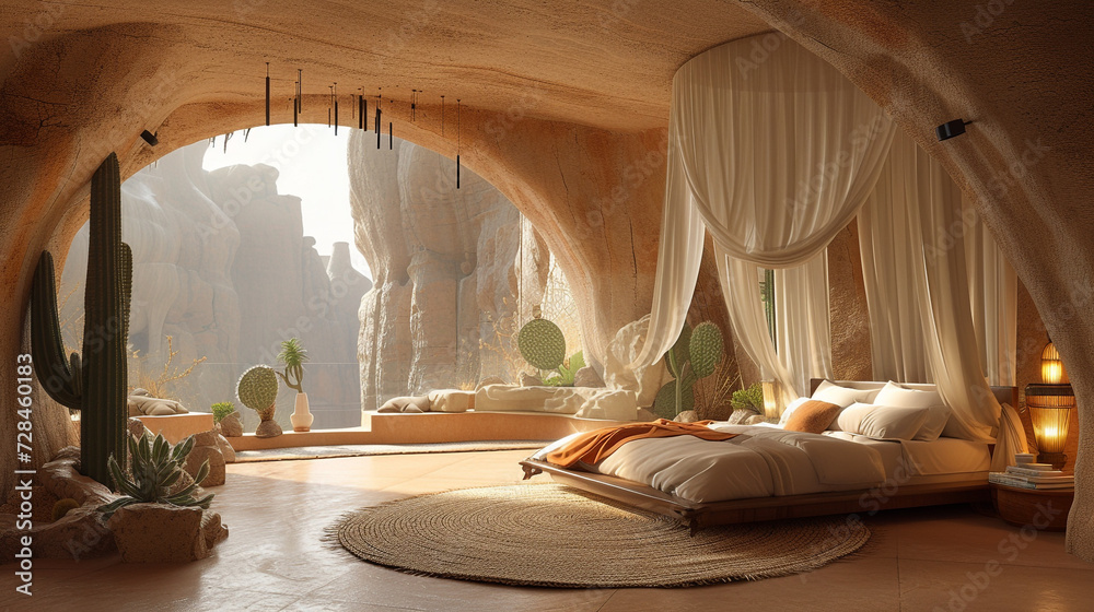 Explore a desert oasis-themed bedroom with warm earth tones, canopy bed