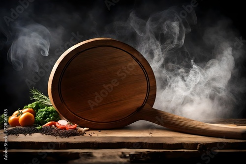 Round wooden chopping boar against smokey background. 