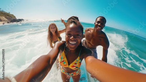 Happy surfing buddies taking a selfie together by the ocean © ANStudio