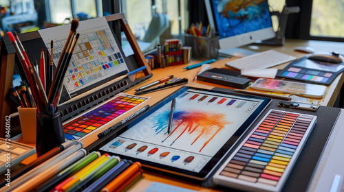 A digital drawing tablet and stylus on a creative workspace, with sketches and color palettes around.  © AI ARTS