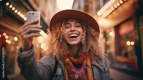 Image of a joyful woman influencer taking a selfie