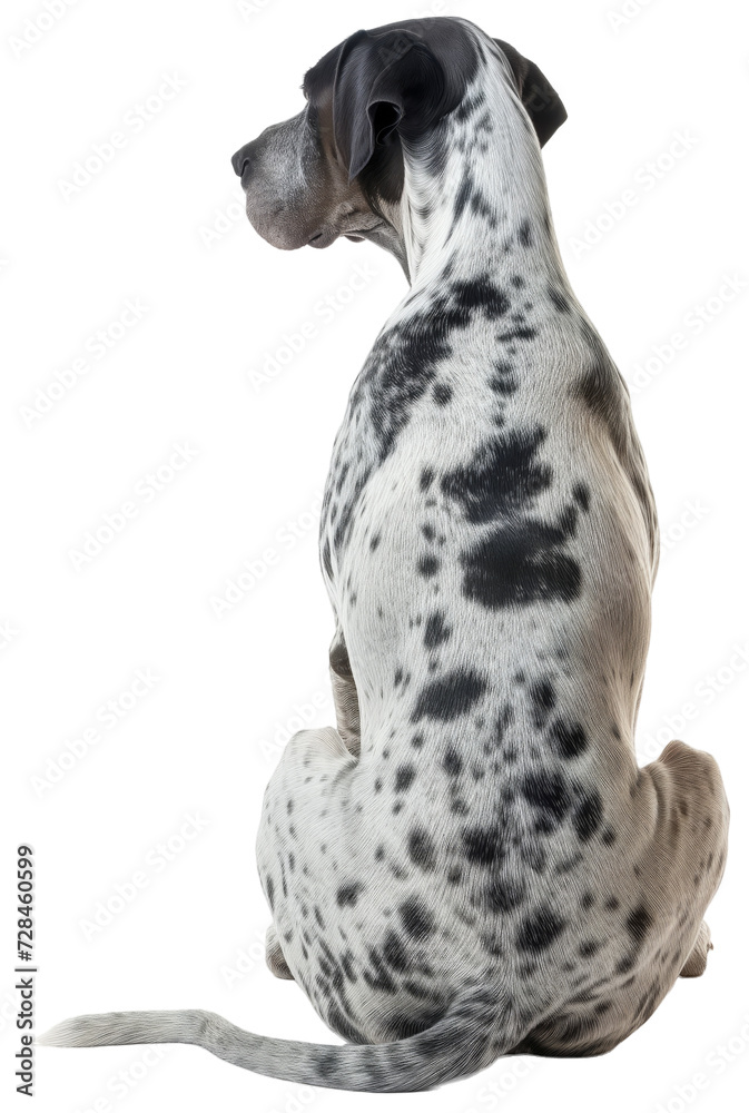 Back view of a sitting spotted great dane dog isolated on a white background