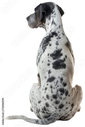 Back view of a sitting spotted great dane dog isolated on a white background © Flowal93
