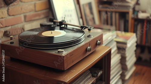 A high-fidelity record player on a wooden stand, with vinyl records stacked beside it. 