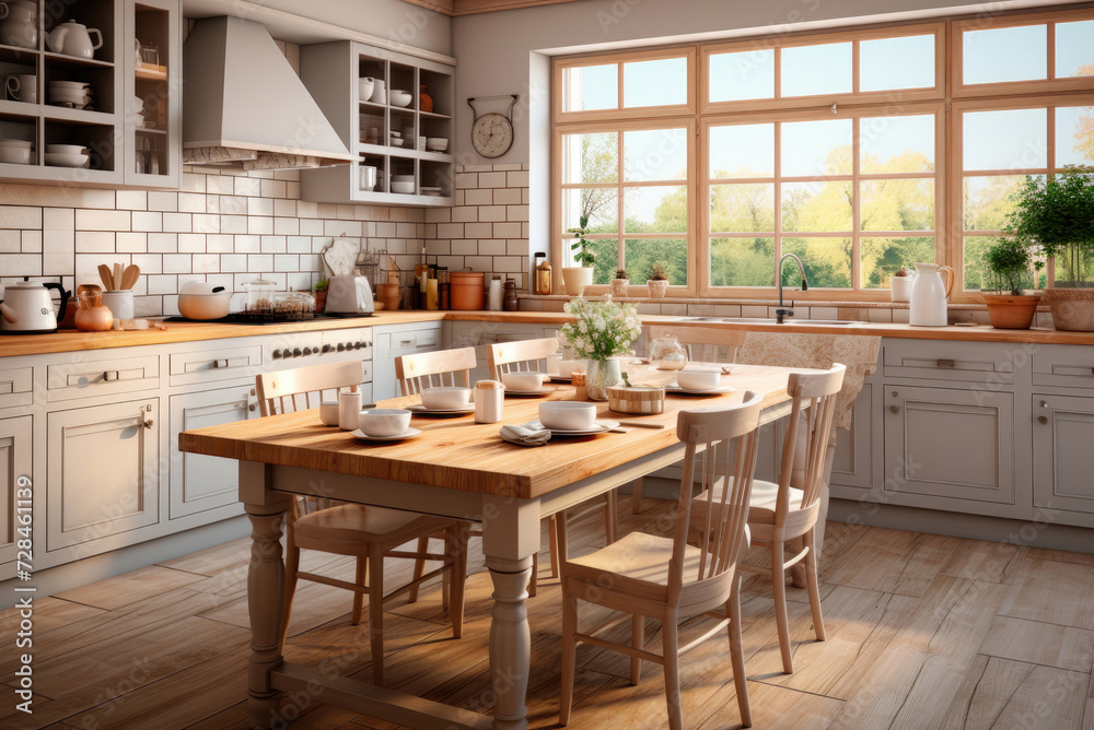 Cozy interior of the kitchen with a large wooden table in a minimalist modern Scandinavian style