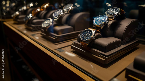 A luxury watch collection in a glass display case, with soft lighting highlighting the craftsmanship.  © AI ARTS