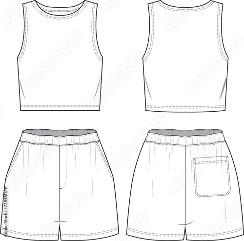 A cropped tank top paired with shorts. Sports jersey set. Technical sketch in vector format. photo