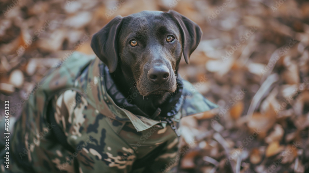 Dog wearing camouflage army outfit. AI generated