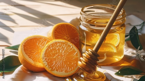 Conceptual illustration showcasing honey and the citrusy goodness of oranges in a glass jar, with a wooden spoon dipper, symbolizing a perfect fusion of flavors photo