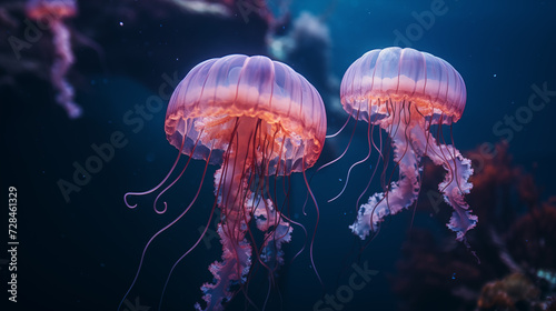Glowing Jellyfish Elegantly Drifting in the Blue Ocean Depths © Miva