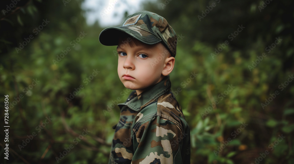 Young child wearing camouflage army soldier uniform. War soldier halloween costume. Copy space. AI generated