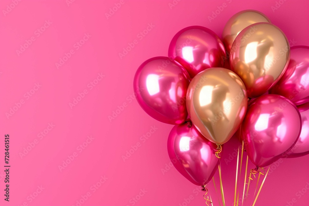 Bunch of shiny pink and golden balloons on magenta background. Card for 30 years anniversary for birthday, wedding or other events. Festive pink background with copy space.