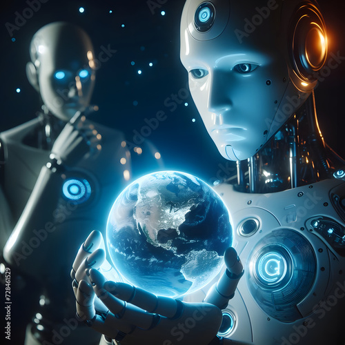 AI robot holding earth globe in hands. Concept of AI technology controlling the world.