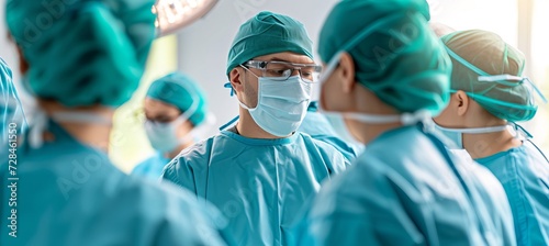 Surgeon performing surgical operation in hospital operating room, back view, healthcare concept.