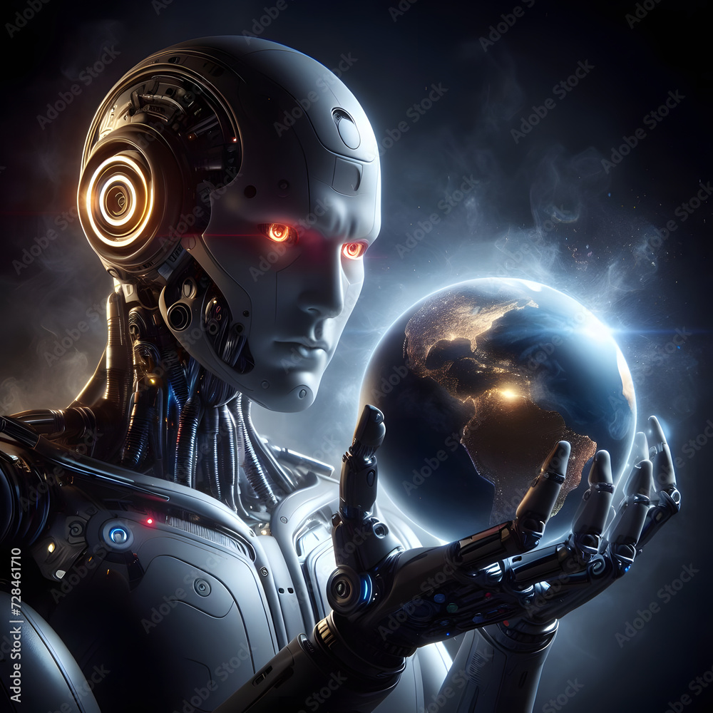 AI robot holding earth globe in hands. Concept of AI controlling the world. AI robot holding earth globe in hands. Concept of AI controlling the world.