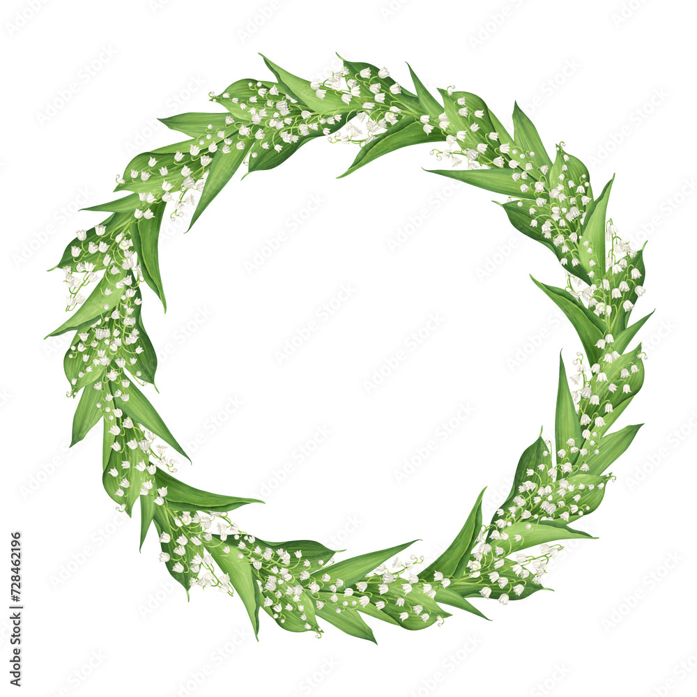 Lily of the valley wreath Watercolor botanical spring illustration. Floral round frame Lily of the valley wreath Watercolor botanical spring illustration. Floral round frame
