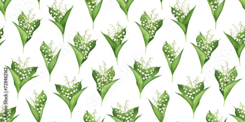Watercolor seamless pattern with bouquets of lilies of the valley on a white background. Delicate floral endless wallpaper photo