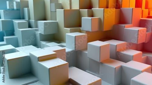 A 3D visualization of an abstract cube pattern  transitioning from cool to warm tones. AI Generative 