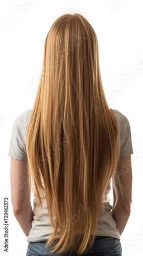 Back view of young woman with long straight blonde hair, isolated on white background