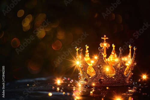 Bright light sparkles from the king's crown on a black background