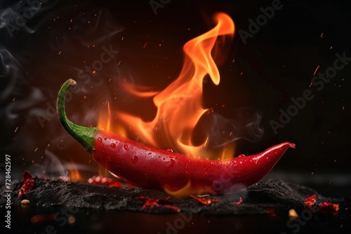 Burning hot red chilies in fire on dark black background. Spices