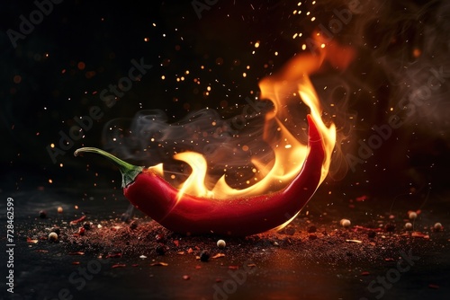 Burning hot red chilies in fire on dark black background. Spices