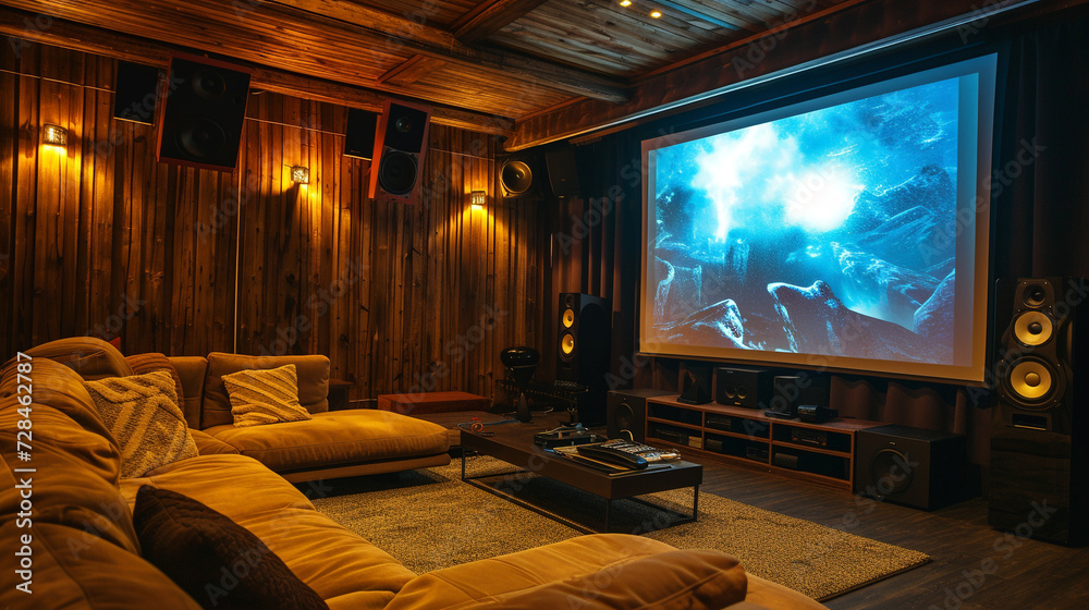 A state-of-the-art home theater system in a cozy living room, with a large screen and surround sound speakers. 