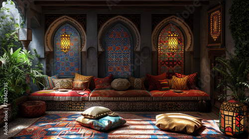 Indulge in the richness of a Moroccan-themed lounge, complete with vibrant tiles, plush cushions, and intricate lanterns, creating an exotic retreat within the comforts of home.  © Adnan Bukhari