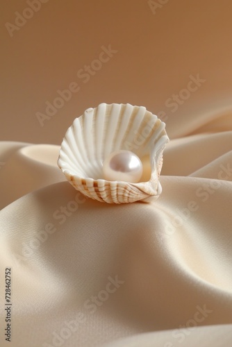 Seashell, pearl, isolated, beige background