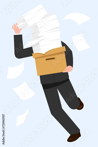 Busy businessman stumble while hold many stack of paper documents, Slipped fall with paper pile on hand.