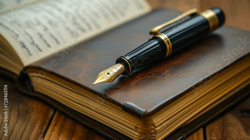 An elegant fountain pen lying on an open, leather-bound notebook in a well-lit study. 