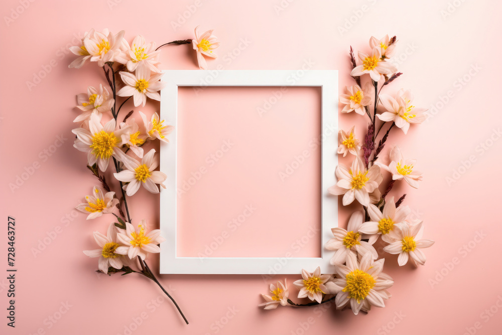 White empty frame surrounded by yellow, white flowers on a beige background. Mockup holiday card, copy space White empty frame surrounded by yellow, white flowers on a beige background. Mockup holiday card, copy space