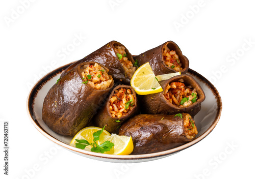 Traditional delicious Turkish foods; dried eggplant stuffed (Turkish name; Kuru patlican dolmasi)