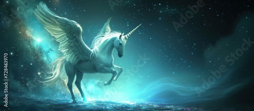 Realistic magical, mythical winged pegasus unicorn horse fantasy background. AI generated image © saifur