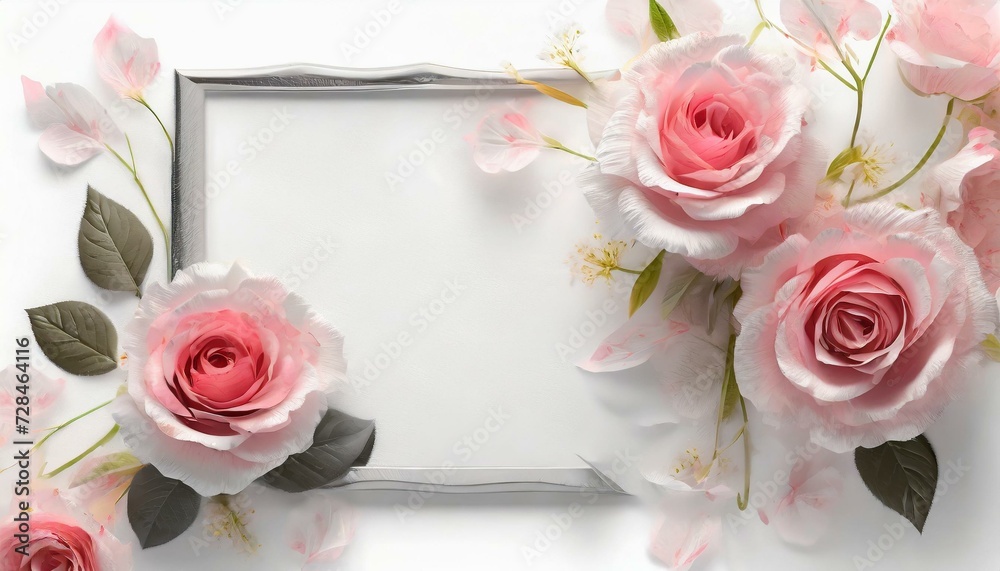 Romantic background with roses and a frame with a white sheet of paper and a place for text