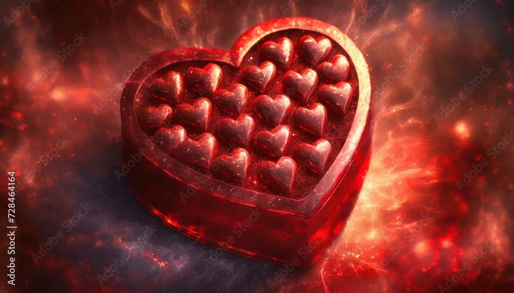 Czerwone pudełko w kształcie serca z czekoladkami w kształcie serca - obrazy, fototapety, plakaty 