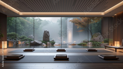 Step into a Zen-inspired meditation room, with minimalist decor, soothing water features, and a panoramic wall displaying serene natural landscapes.  © Adnan Bukhari