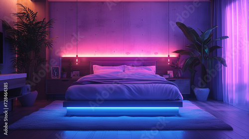 Step into an adaptive lighting bedroom, where color-changing LED panels, smart bulbs, and ambient lighting respond to your mood, creating a personalized and dynamic sleep environment. 