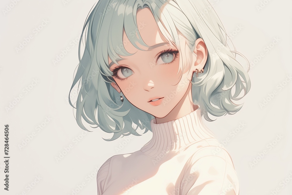 Beautiful Anime Girl With Pale Green Color Hair On White Background Beautiful Anime Girl With Pale Green Color Hair On White Background