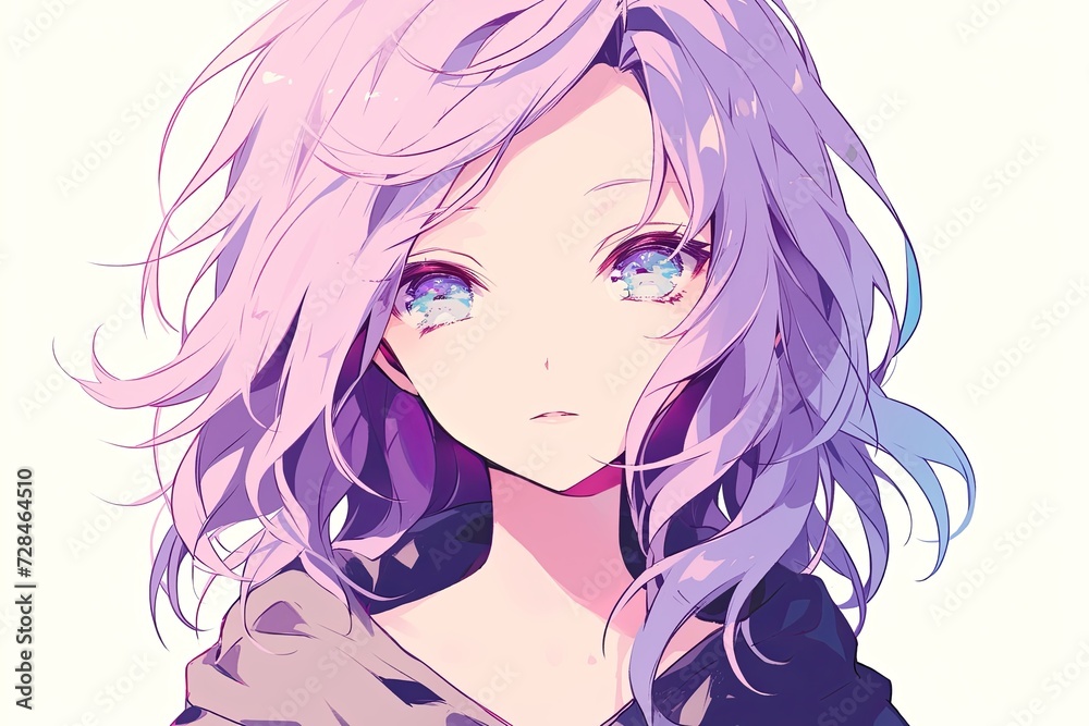 Beautiful Anime Girl With Pale Lavender Color Hair On White Background Beautiful Anime Girl With Pale Lavender Color Hair On White Background